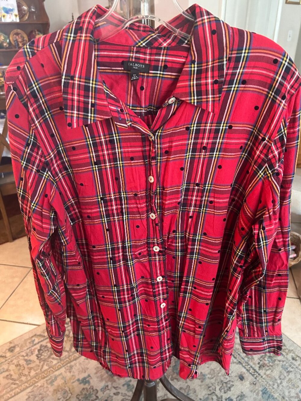 Talbots Woman 1X Red Plaid Button Front Shirt Black Polka Dot Long Sleeve